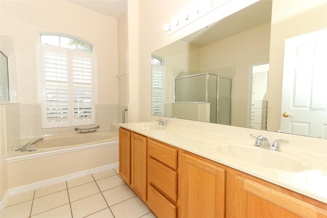 bathroom featuring vanity, tile patterned floors, and independent shower and bath