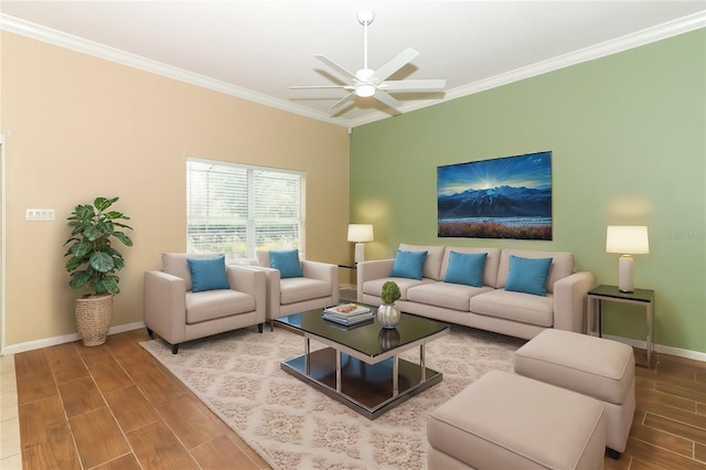 living room featuring ornamental molding and ceiling fan