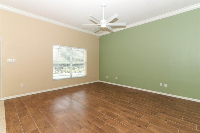 empty room featuring dark wood-type flooring, ceiling fan, and crown molding