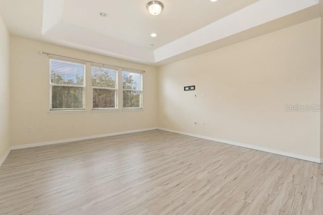 empty room featuring a raised ceiling and light wood-type flooring