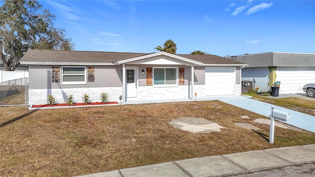 ranch-style home with a garage, cooling unit, and a front lawn