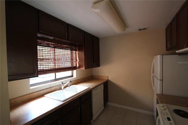 kitchen featuring sink, dark brown cabinets, and white appliances