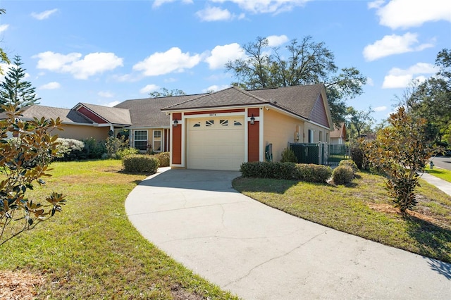 single story home featuring a front yard and a garage