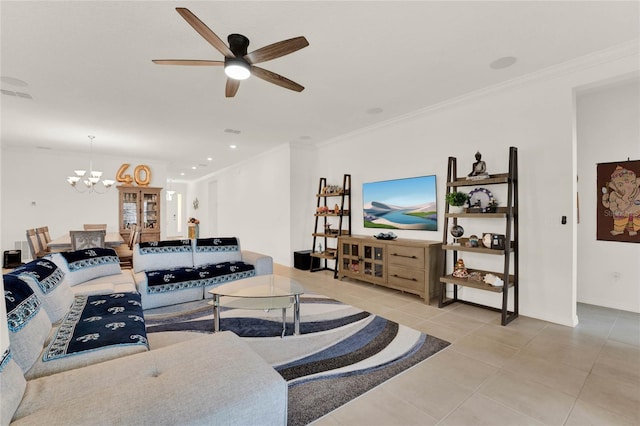 living room featuring crown molding, ceiling fan with notable chandelier, and light tile patterned floors