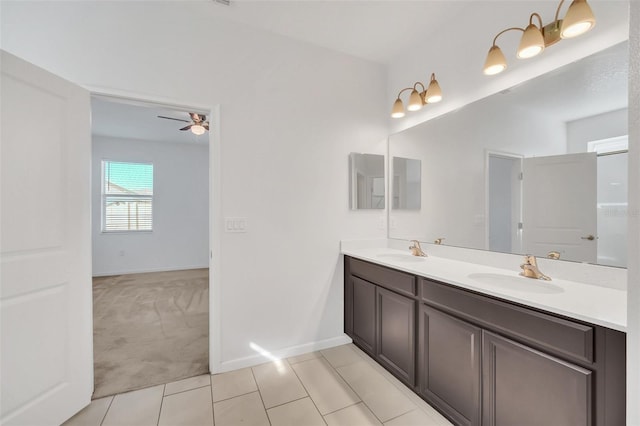 bathroom with vanity, tile patterned flooring, and ceiling fan