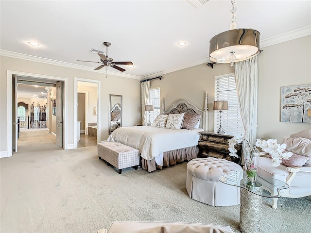 bedroom featuring carpet floors, ornamental molding, and ceiling fan