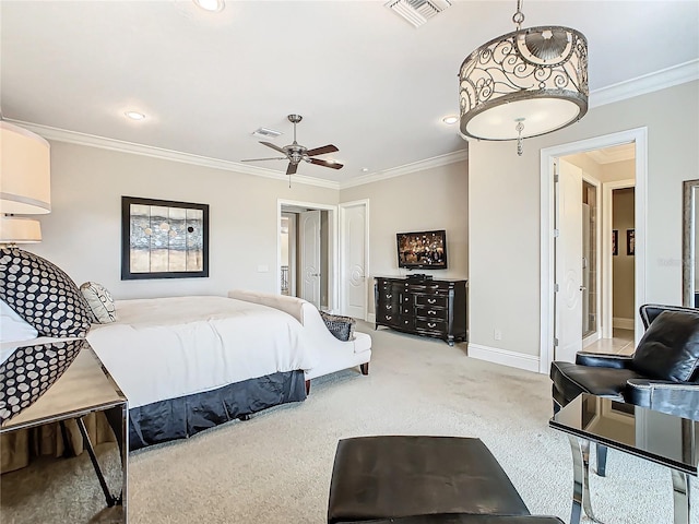 carpeted bedroom featuring ornamental molding and ceiling fan