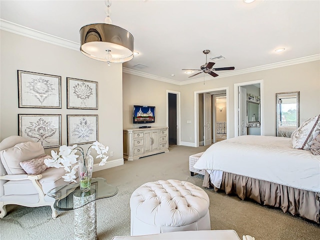 bedroom with light carpet, ceiling fan, and ornamental molding