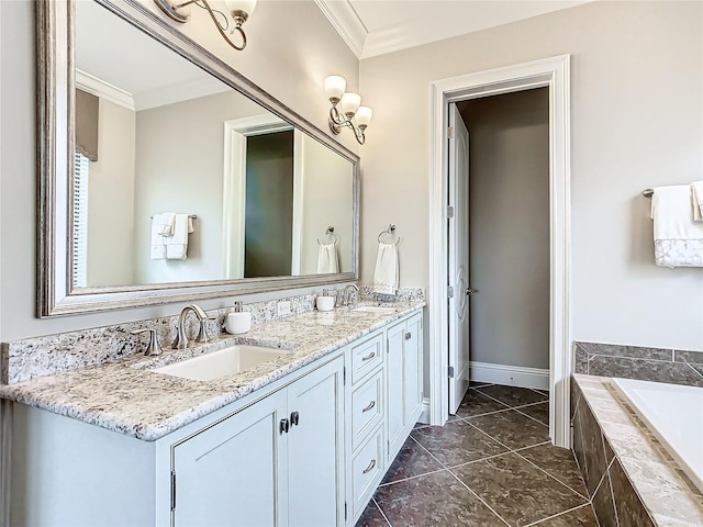 bathroom featuring vanity, tiled tub, and crown molding