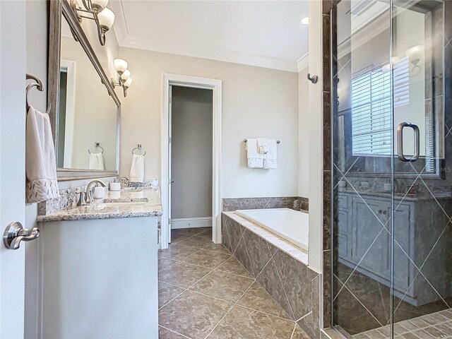 bathroom with separate shower and tub, crown molding, and vanity