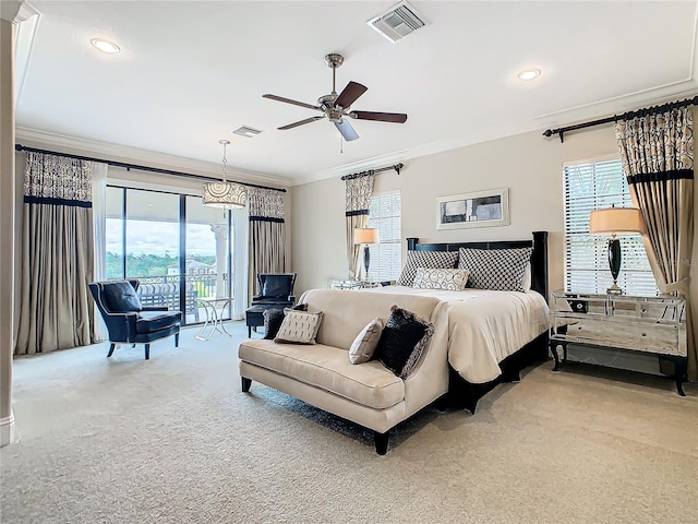 bedroom featuring access to outside, light carpet, ceiling fan, ornamental molding, and multiple windows