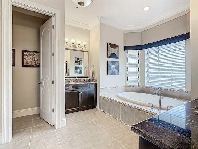 bathroom featuring a relaxing tiled tub, tile patterned flooring, ornamental molding, and vanity