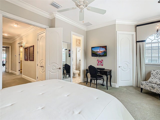 bedroom with ceiling fan with notable chandelier, carpet floors, connected bathroom, and crown molding