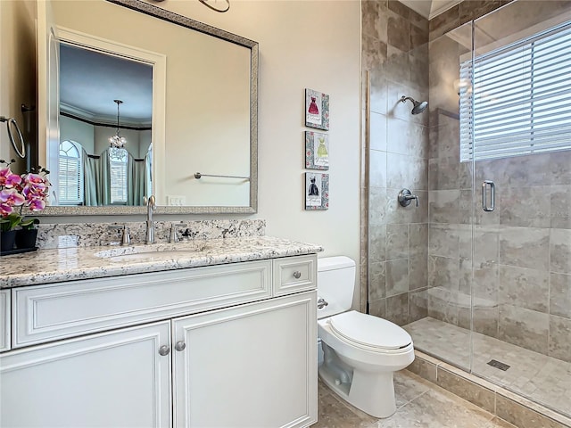 bathroom featuring toilet, vanity, and walk in shower