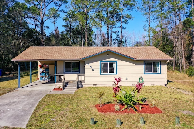 ranch-style home with a carport and a front lawn