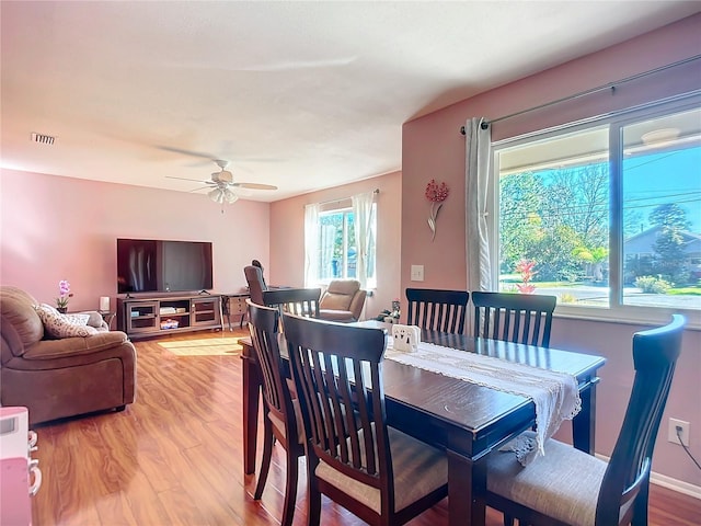 dining space featuring ceiling fan and wood-type flooring