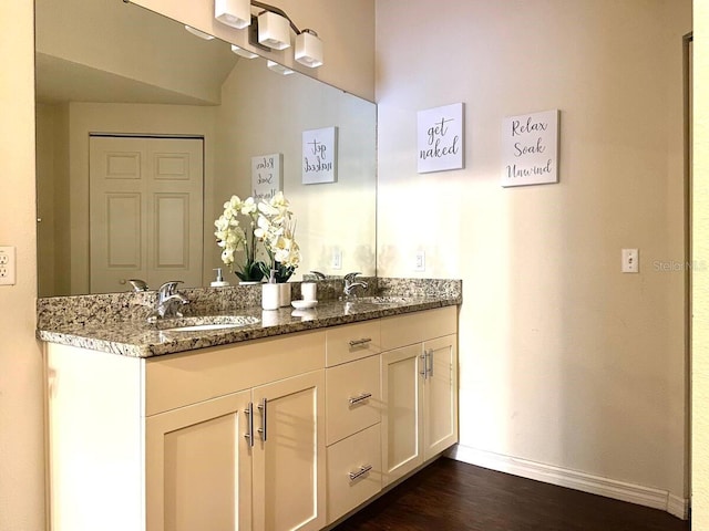 bathroom with vanity and hardwood / wood-style flooring