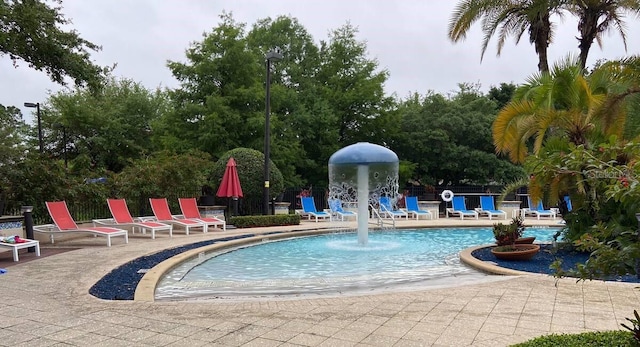 view of swimming pool featuring pool water feature and a patio area