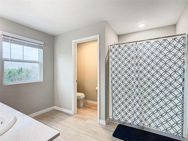 bathroom with vanity, a shower with curtain, wood-type flooring, and toilet