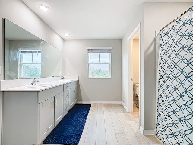 bathroom with vanity, wood-type flooring, toilet, and a shower with shower curtain