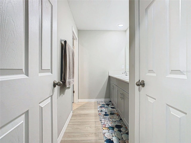 bathroom with vanity and wood-type flooring