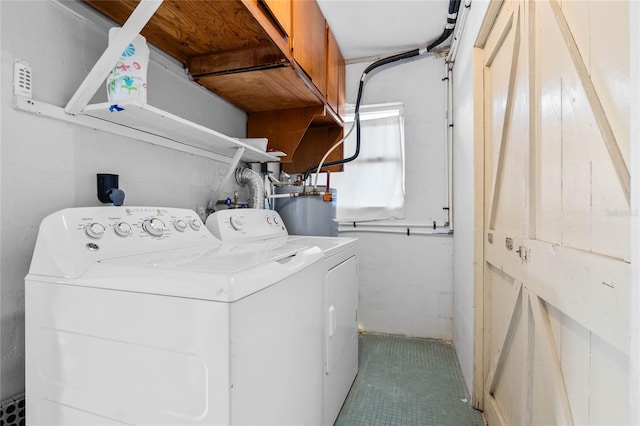 laundry room with water heater and independent washer and dryer