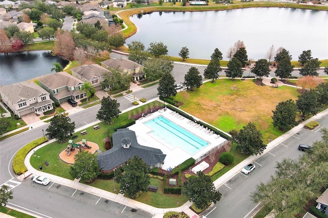 aerial view featuring a water view