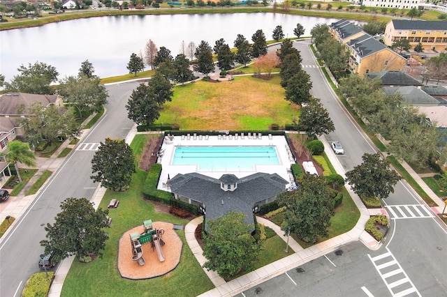 drone / aerial view featuring a water view