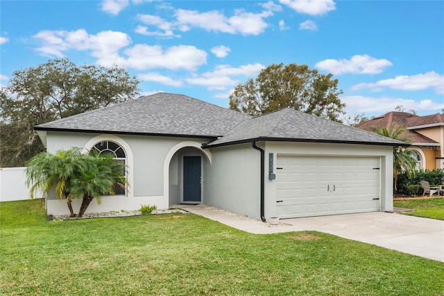 single story home featuring a garage and a front yard