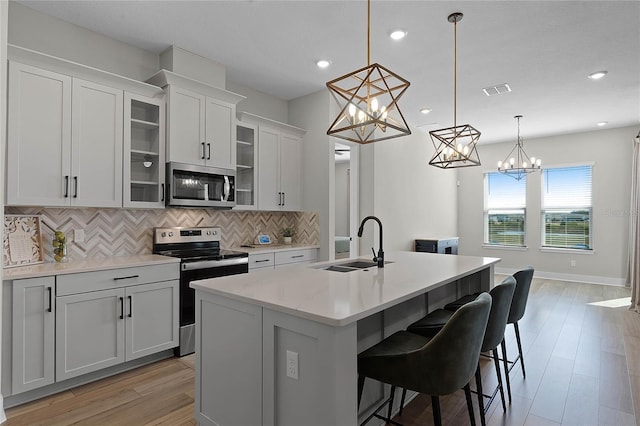 kitchen with pendant lighting, an island with sink, appliances with stainless steel finishes, and sink