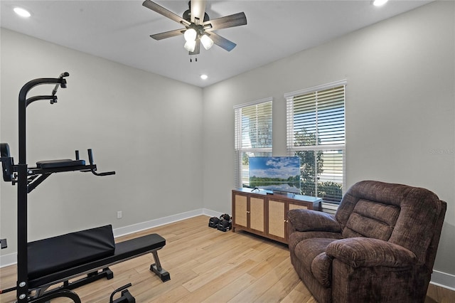 workout room featuring ceiling fan and light hardwood / wood-style flooring