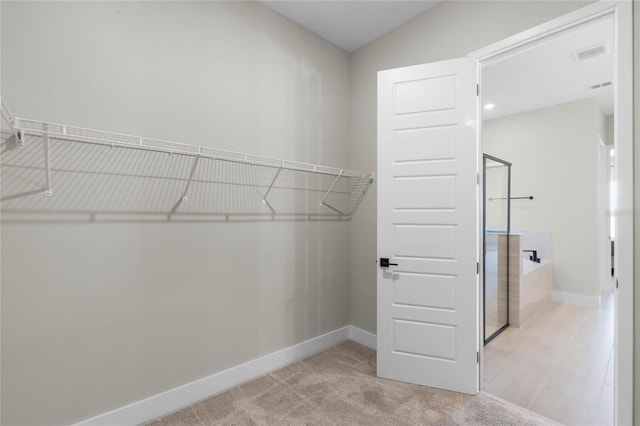 walk in closet with light colored carpet