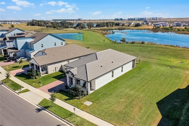 drone / aerial view featuring a water view