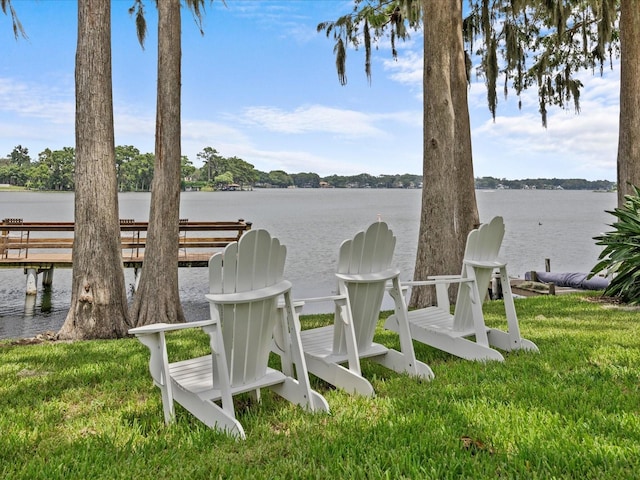 dock area featuring a water view and a lawn