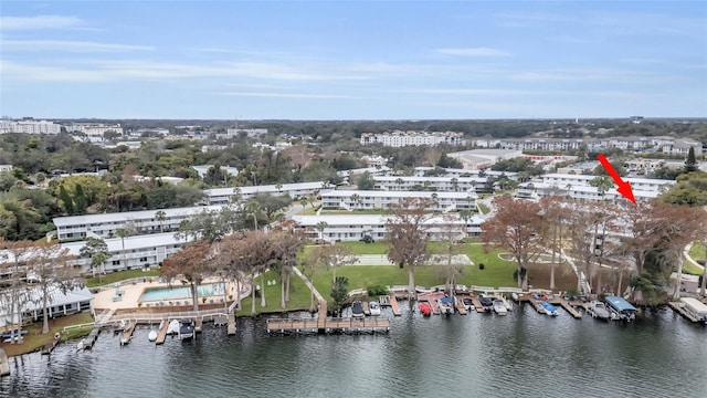 bird's eye view with a water view