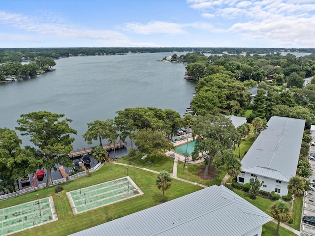 drone / aerial view with a water view