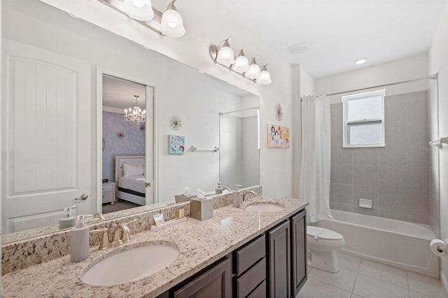 full bathroom with tile patterned flooring, vanity, shower / bath combination with curtain, and toilet