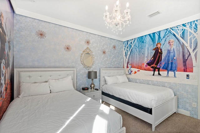 bedroom featuring ornamental molding, carpet, and an inviting chandelier