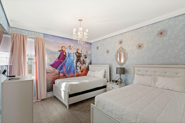 bedroom with an inviting chandelier, crown molding, and light colored carpet