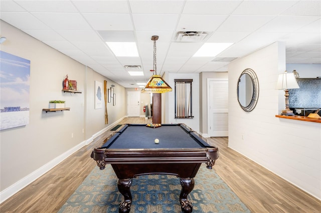 recreation room featuring a drop ceiling, light hardwood / wood-style floors, and billiards