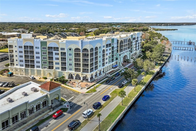 drone / aerial view featuring a water view