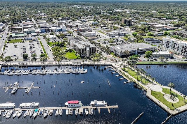 drone / aerial view with a water view