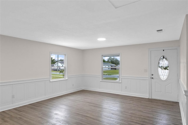 entrance foyer featuring a wealth of natural light and dark hardwood / wood-style floors