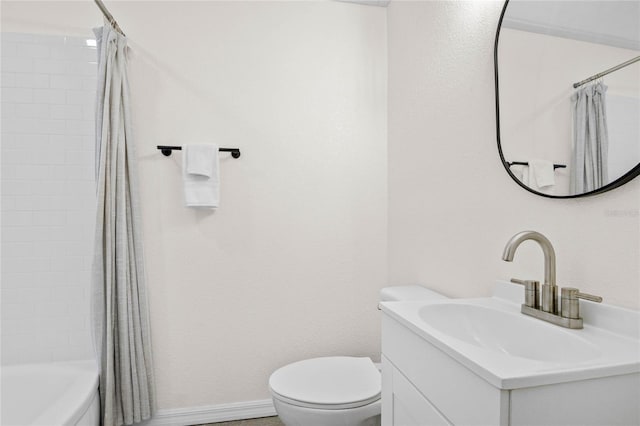 full bathroom featuring toilet, vanity, and shower / bath combination with curtain