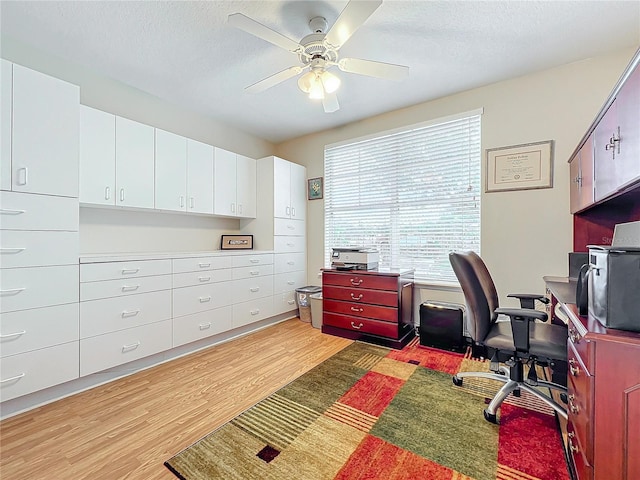 office area featuring a textured ceiling, ceiling fan, and light hardwood / wood-style flooring