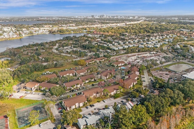 aerial view featuring a water view