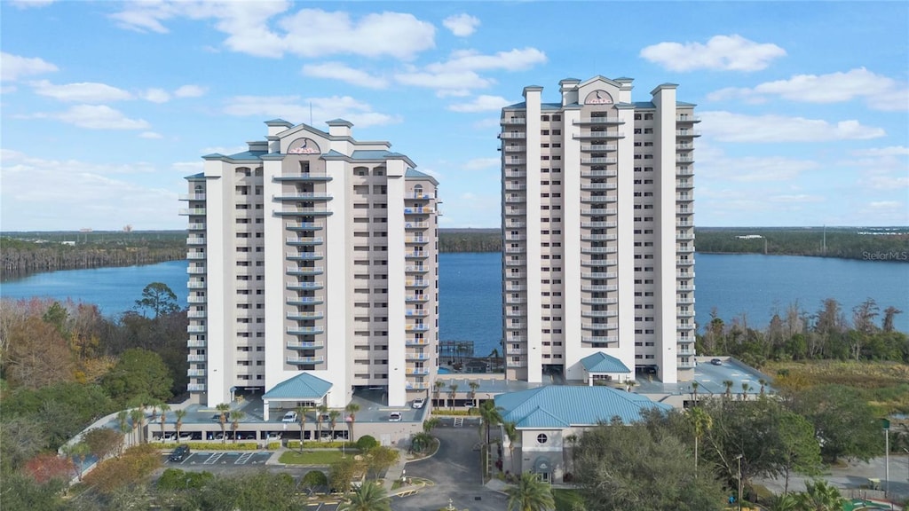 view of building exterior featuring a water view