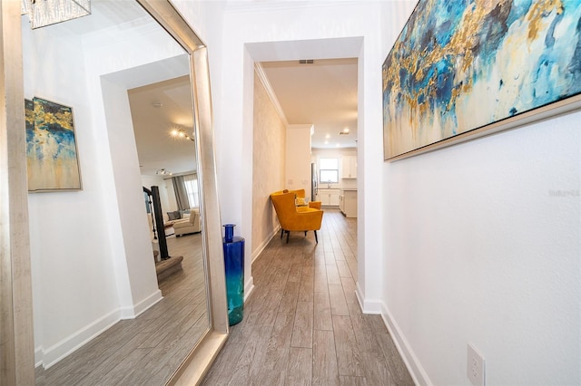 hall with hardwood / wood-style flooring and ornamental molding