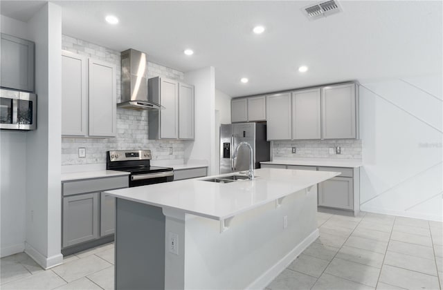 kitchen with appliances with stainless steel finishes, gray cabinetry, and wall chimney range hood