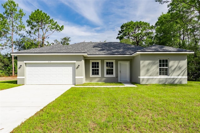 3179 W Barberton Pl, Citrus Springs, FL 34433 - ranch-style home with stucco siding, an attached garage, a front lawn, concrete driveway, and roof with shingles